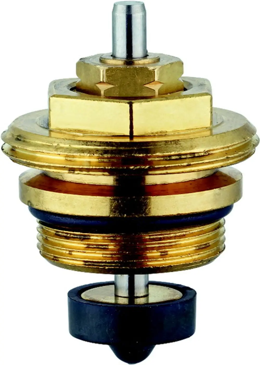 Thermostat-Oberteil aus Metall von IMI Hydronic Engineering, mit gewendelter Unterseite und einem Anschluss für Heizungsanlagen, deutlich erkennbar durch die Verbindungselemente.